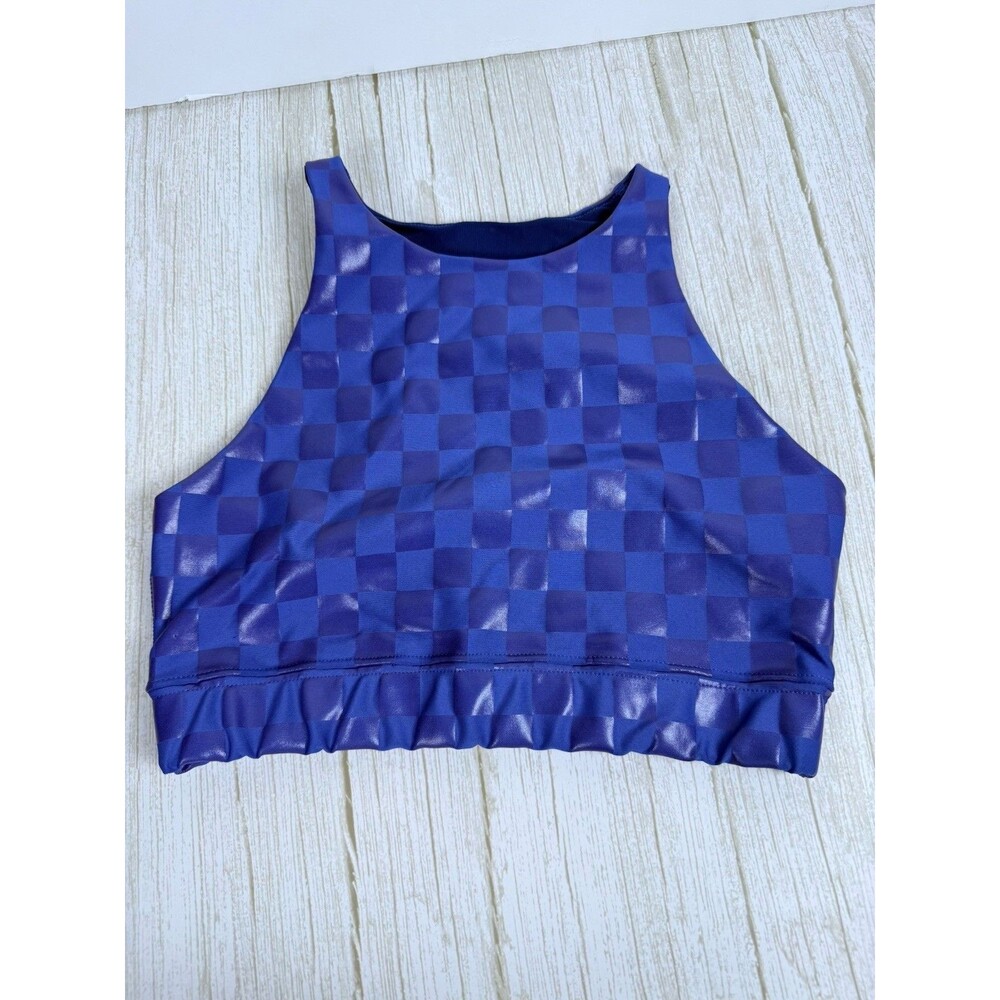 Peloton Sport Bra Small Blue Racerback Pull On LOGO Athletic Checkered